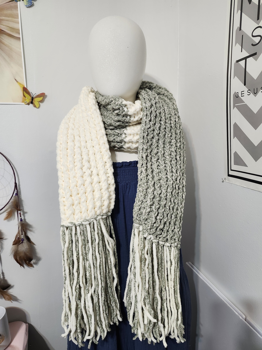 Chunky Knit Two-Tone Fringe Scarf in Sage Green and Cream - Picture 2 of 3